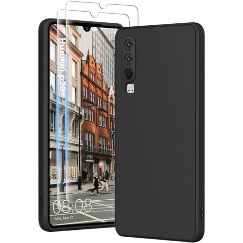 HuwaiH 3 in 1 Hülle für Huawei P30, Silikon Hülle mit 2 Stück 9H 0.33mm Panzerglas, Upgraded Kameraschutz, Soft Mikrofaserfutter Kratzfeste Stoßfeste Handyhülle für Huawei P30(Tiefschwarz) von HuwaiH