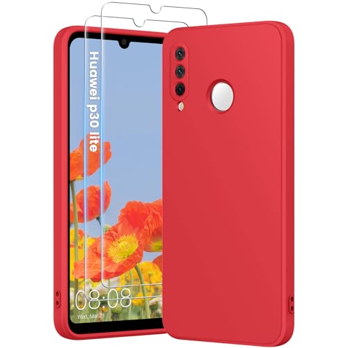 HuwaiH 3 in 1 Hülle für Huawei P30 Lite, Silikon Hülle mit 2 Stück 9H 0.33mm Panzerglas, Upgraded Kameraschutz, Soft Mikrofaserfutter Kratzfeste Stoßfeste Handyhülle für Huawei P30 Lite(Rot) von HuwaiH