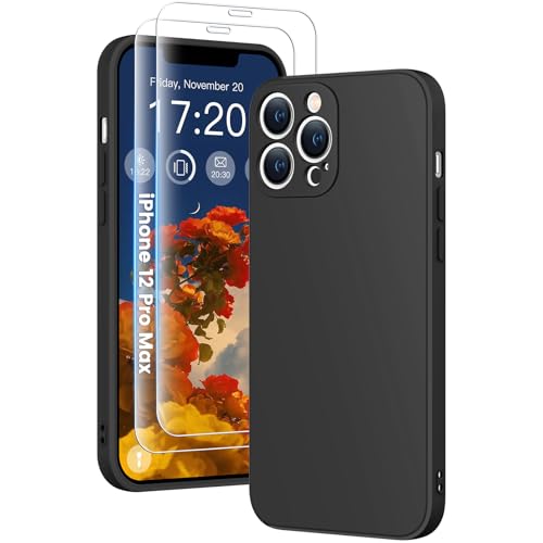 HuwaiH 3 in 1 Hülle für iPhone 12 pro max,Silikon Hülle mit 2 Stück 9H 0.33mm Panzerglas, Upgraded Kameraschutz, Soft Mikrofaserfutter Kratzfeste Handyhülle für iPhone 12 pro max(Tiefschwarz) von HuwaiH