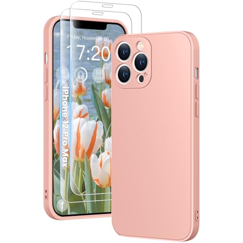 HuwaiH 3 in 1 Hülle für iPhone 12 pro max,Silikon Hülle mit 2 Stück 9H 0.33mm Panzerglas, Upgraded Kameraschutz, Soft Mikrofaserfutter Kratzfeste Stoßfeste Handyhülle für iPhone 12 pro max(Rosa) von HuwaiH