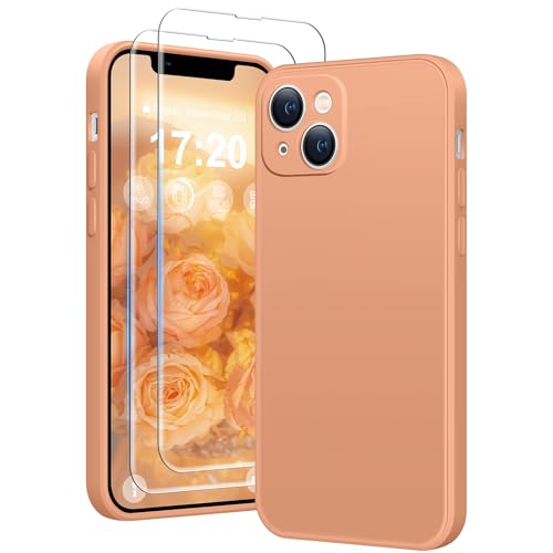 HuwaiH 3 in 1 Hülle für iPhone 13,Liquid Silikon Hülle mit 2 Stück 9H 0.33mm Panzerglas, Upgraded Kameraschutz, Soft Mikrofaserfutter Kratzfeste Stoßfeste Handyhülle für iPhone 13(Orange) von HuwaiH