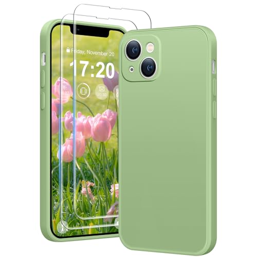 HuwaiH 3 in 1 Hülle für iPhone 13,Liquid Silikon Hülle mit 2 Stück 9H 0.33mm Panzerglas, Upgraded Kameraschutz, Soft Mikrofaserfutter Kratzfeste Stoßfeste Handyhülle für iPhone 13(hellgrün) von HuwaiH
