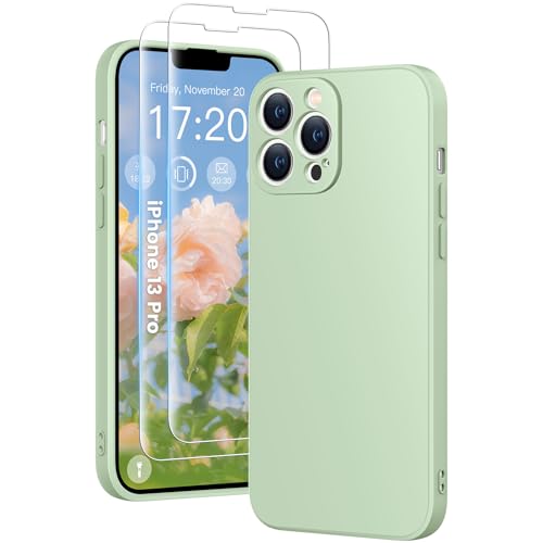 HuwaiH 3 in 1 Hülle für iPhone 13 pro,Silikon Hülle mit 2 Stück 9H 0.33mm Panzerglas, Upgraded Kameraschutz, Soft Mikrofaserfutter Kratzfeste Stoßfeste Handyhülle für iPhone 13 pro(hellgrün) von HuwaiH