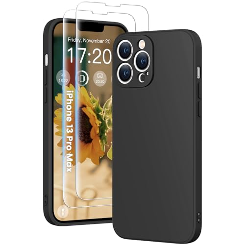 HuwaiH 3 in 1 Hülle für iPhone 13 pro max,Silikon Hülle mit 2 Stück 9H 0.33mm Panzerglas, Upgraded Kameraschutz, Soft Mikrofaserfutter Kratzfeste Handyhülle für iPhone 13 pro max(Tiefschwarz) von HuwaiH