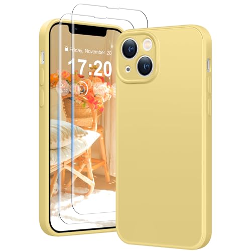 HuwaiH 3 in 1 Hülle für iPhone 14,Liquid Silikon Hülle mit 2 Stück 9H 0.33mm Panzerglas, Upgraded Kameraschutz, Soft Mikrofaserfutter Kratzfeste Stoßfeste Handyhülle für iPhone 14(Gelb) von HuwaiH