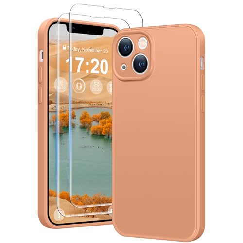 HuwaiH 3 in 1 Hülle für iPhone 14,Liquid Silikon Hülle mit 2 Stück 9H 0.33mm Panzerglas, Upgraded Kameraschutz, Soft Mikrofaserfutter Kratzfeste Stoßfeste Handyhülle für iPhone 14(Orange) von HuwaiH