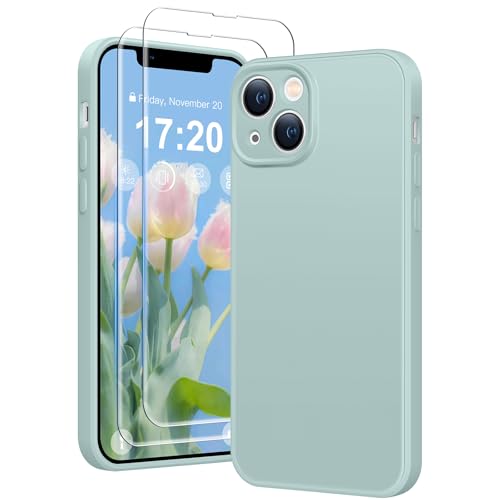 HuwaiH 3 in 1 Hülle für iPhone 14,Liquid Silikon Hülle mit 2 Stück 9H 0.33mm Panzerglas, Upgraded Kameraschutz, Soft Mikrofaserfutter Kratzfeste Stoßfeste Handyhülle für iPhone 14(hellblau) von HuwaiH