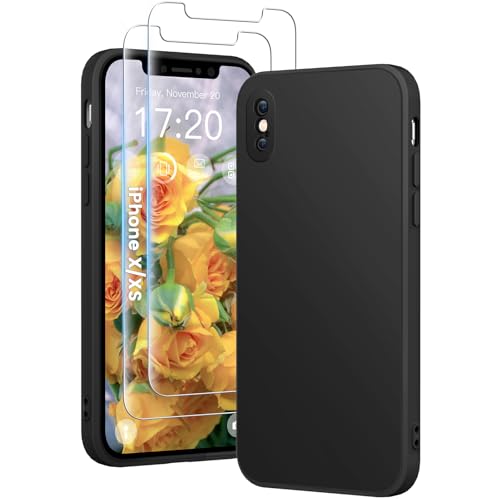 HuwaiH 3 in 1 Hülle für iPhone X/XS,Silikon Hülle mit 2 Stück 9H 0.33mm Panzerglas, Upgraded Kameraschutz, Soft Mikrofaserfutter Kratzfeste Stoßfeste Handyhülle für iPhone X/XS(Tiefschwarz) von HuwaiH