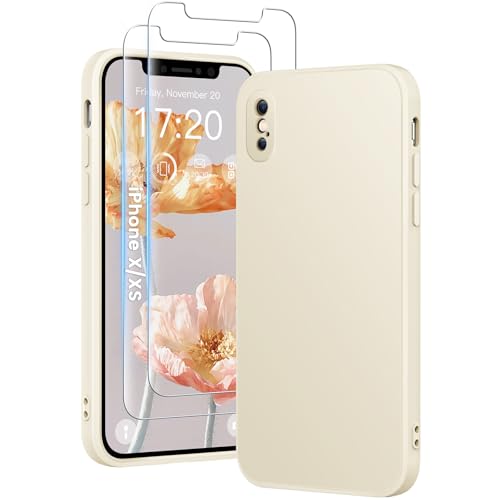HuwaiH 3 in 1 Hülle für iPhone X/XS,Silikon Hülle mit 2 Stück 9H 0.33mm Panzerglas, Upgraded Kameraschutz, Soft Mikrofaserfutter Kratzfeste Stoßfeste Handyhülle für iPhone X/XS(Weiß) von HuwaiH