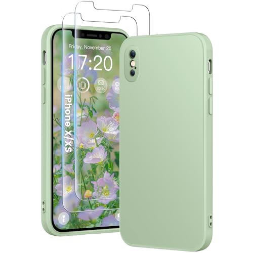 HuwaiH 3 in 1 Hülle für iPhone X/XS,Silikon Hülle mit 2 Stück 9H 0.33mm Panzerglas, Upgraded Kameraschutz, Soft Mikrofaserfutter Kratzfeste Stoßfeste Handyhülle für iPhone X/XS(hellgrün) von HuwaiH