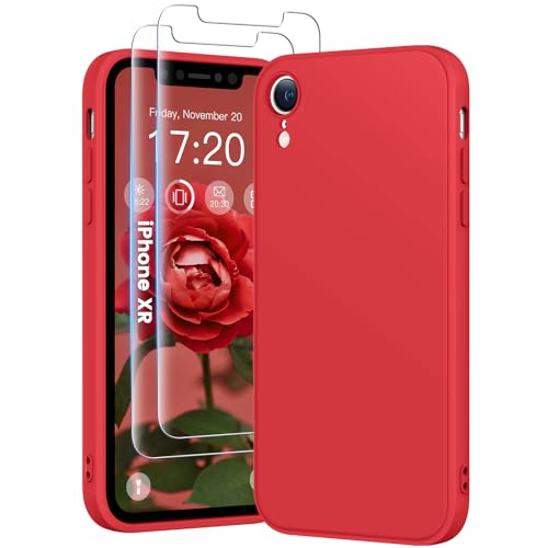 HuwaiH 3 in 1 Hülle für iPhone XR,Silikon Hülle mit 2 Stück 9H 0.33mm Panzerglas, Upgraded Kameraschutz, Soft Mikrofaserfutter Kratzfeste Stoßfeste Handyhülle für iPhone XR(Rot) von HuwaiH
