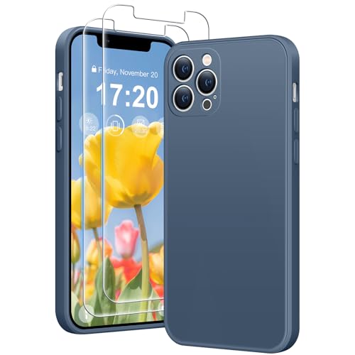 HuwaiH 3 in 1 Hülle für iPhone 12 pro,Liquid Silikon Hülle mit 2 Stück 9H 0.33mm Panzerglas, Upgraded Kameraschutz, Soft Mikrofaserfutter Kratzfeste Handyhülle für iPhone 12 pro(Mitternachts blau) von HuwaiH