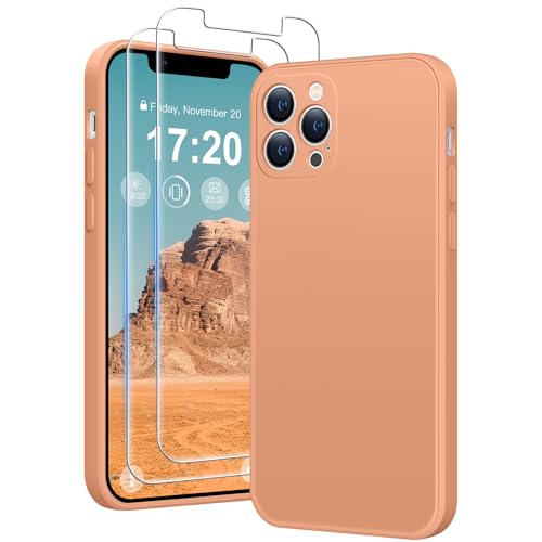 HuwaiH 3 in 1 Hülle für iPhone 12 pro,Liquid Silikon Hülle mit 2 Stück 9H 0.33mm Panzerglas, Upgraded Kameraschutz, Soft Mikrofaserfutter Kratzfeste Stoßfeste Handyhülle für iPhone 12 pro(Orange) von HuwaiH