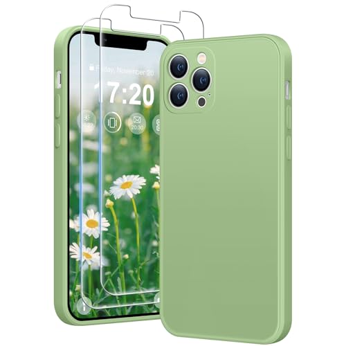 HuwaiH 3 in 1 Hülle für iPhone 12 pro,Liquid Silikon Hülle mit 2 Stück 9H 0.33mm Panzerglas, Upgraded Kameraschutz, Soft Mikrofaserfutter Kratzfeste Stoßfeste Handyhülle für iPhone 12 pro(hellgrün) von HuwaiH
