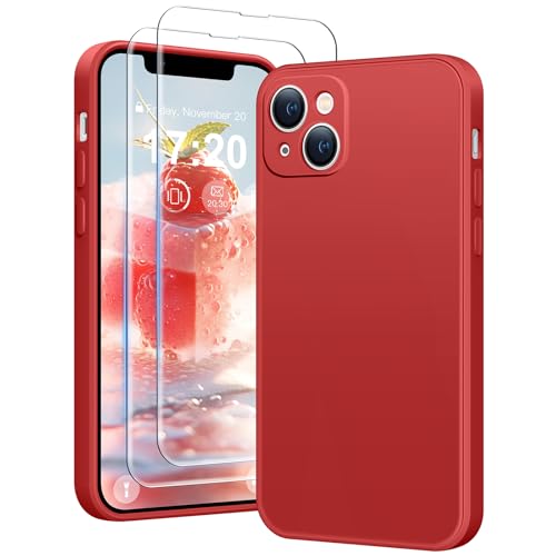 HuwaiH 3 in 1 Hülle für iPhone 13 mini,Liquid Silikon Hülle mit 2 Stück 9H 0.33mm Panzerglas, Upgraded Kameraschutz, Soft Mikrofaserfutter Kratzfeste Stoßfeste Handyhülle für iPhone 13 mini(Rot) von HuwaiH