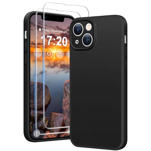 HuwaiH 3 in 1 Hülle für iPhone 14,Liquid Silikon Hülle mit 2 Stück 9H 0.33mm Panzerglas, Upgraded Kameraschutz, Soft Mikrofaserfutter Kratzfeste Stoßfeste Handyhülle für iPhone 14(Tiefschwarz) von HuwaiH