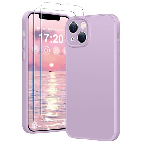 HuwaiH 3 in 1 Hülle für iPhone 14,Liquid Silikon Hülle mit 2 Stück 9H 0.33mm Panzerglas, Upgraded Kameraschutz, Soft Mikrofaserfutter Kratzfeste Stoßfeste Handyhülle für iPhone 14(violett) von HuwaiH