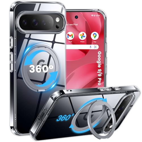HuwaiH 360°Drehbarer Ständer für Google Pixel 9/9 pro Hülle, Magnetischer Robust Unsichtbarer Standring, Militärschutz Kratzfeste Schutzhülle für Google Pixel 9/9 pro(transparent) von HuwaiH