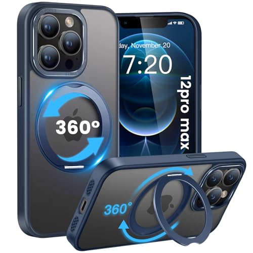 HuwaiH 360°Drehbarer Ständer für iPhone 12 pro max Hülle, Magnetischer Robust Unsichtbarer Standring, Transluzente Matte, Militärschutz Kratzfeste Schutzhülle für iPhone 12 pro max(Navy Blau) von HuwaiH