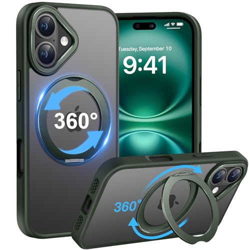 HuwaiH 360°Drehbarer Ständer für iPhone 16 Hülle, Magnetischer Robust Unsichtbarer Standring, Transluzente Matte, Militärschutz Kratzfeste Schutzhülle für iPhone 16(Dunkel Grün) von HuwaiH