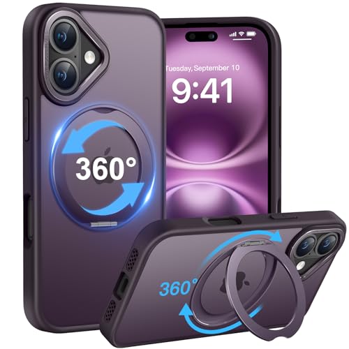 HuwaiH 360°Drehbarer Ständer für iPhone 16 Hülle, Magnetischer Robust Unsichtbarer Standring, Transluzente Matte, Militärschutz Kratzfeste Schutzhülle für iPhone 16(Dunkel Lila) von HuwaiH