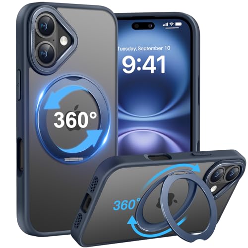 HuwaiH 360°Drehbarer Ständer für iPhone 16 Hülle, Magnetischer Robust Unsichtbarer Standring, Transluzente Matte, Militärschutz Kratzfeste Schutzhülle für iPhone 16(Navy Blau) von HuwaiH