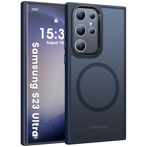 HuwaiH Handyhülle für Samsung Galaxy S23 Ultra Hülle, [Kompatibel mit Mag-Safe] 12FT Militärgrad Stoßfeste Kratzfeste Schutzhülle, Transluzente Matte Hülle für Samsung S23 Ultra(Blau) von HuwaiH