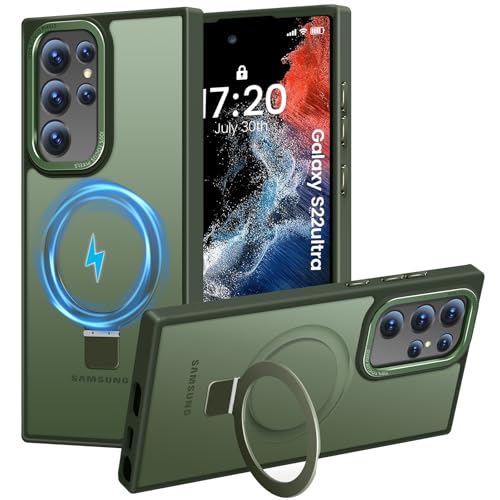 HuwaiH für Samsung Galaxy S22 Ultra Hülle, [mit Unsichtbarem Ständer] [mit Mag-Safe] Militärnorm Sturzschutz, Kratzfeste Anti-Fingerabdruck Schutzhülle, für Samsung S22 Ultra hülle 6,8" (Dunkel Grün) von HuwaiH