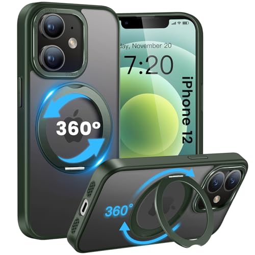 HuwaiH handyhülle für iPhone 12 Hülle,iPhone 12 pro Hülle,[360° Magnetischer Ring Ständer ] [mit Mag-Safe] [Transluzente Matte] Stoßfeste Kratzfeste Schutzhülle für iPhone 12/12 pro (Dunkel Grün) von HuwaiH