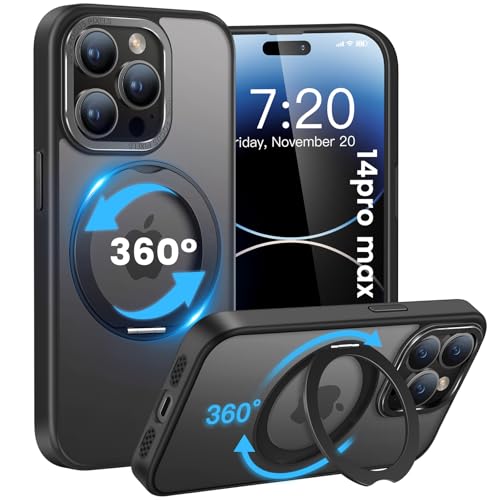 HuwaiH handyhülle für iPhone 14 pro max Hülle [360° Magnetischer Ring Ständer ] [mit MagSafe] [Transluzente Matte] Stoßfeste Kratzfeste Schutzhülle für iPhone 14 pro max 6.7" (Schwarz) von HuwaiH