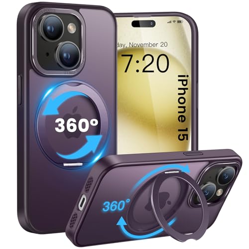 HuwaiH handyhülle für iPhone 15 Hülle, [360° Magnetischer Ring Ständer ] [mit Mag-Safe] [Transluzente Matte] Stoßfeste Kratzfeste Schutzhülle für iPhone 15 (Dunkel Lila) von HuwaiH