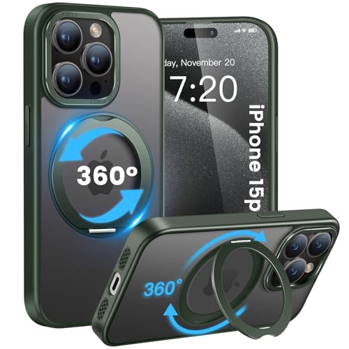 HuwaiH handyhülle für iPhone 15 pro Hülle, [360° Magnetischer Ring Ständer ] [mit Mag-Safe] [Transluzente Matte] Stoßfeste Kratzfeste Schutzhülle für iPhone 15 pro (Dunkel Grün) von HuwaiH