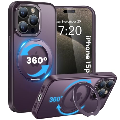 HuwaiH handyhülle für iPhone 15 pro Hülle, [360° Magnetischer Ring Ständer ] [mit Mag-Safe] [Transluzente Matte] Stoßfeste Kratzfeste Schutzhülle für iPhone 15 pro (Dunkel Lila) von HuwaiH