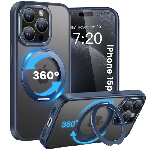HuwaiH handyhülle für iPhone 15 pro Hülle, [360° Magnetischer Ring Ständer ] [mit Mag-Safe] [Transluzente Matte] Stoßfeste Kratzfeste Schutzhülle für iPhone 15 pro (Navy Blau) von HuwaiH