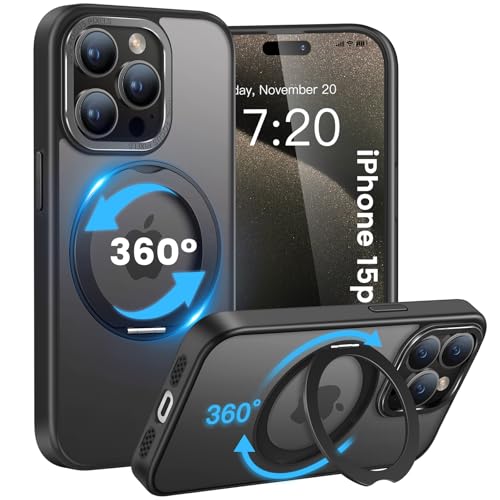 HuwaiH handyhülle für iPhone 15 pro Hülle, [360° Magnetischer Ring Ständer ] [mit Mag-Safe] [Transluzente Matte] Stoßfeste Kratzfeste Schutzhülle für iPhone 15 pro (Schwarz) von HuwaiH