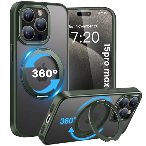 HuwaiH handyhülle für iPhone 15 pro max Hülle, [360° Magnetischer Ring Ständer ] [mit Mag-Safe] [Transluzente Matte] Stoßfeste Kratzfeste Schutzhülle für iPhone 15 pro max (Dunkel Grün) von HuwaiH