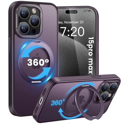 HuwaiH handyhülle für iPhone 15 pro max Hülle, [360° Magnetischer Ring Ständer ] [mit Mag-Safe] [Transluzente Matte] Stoßfeste Kratzfeste Schutzhülle für iPhone 15 pro max (Dunkel Lila) von HuwaiH