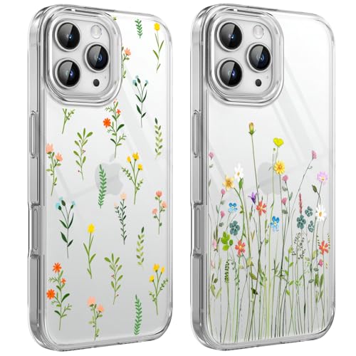 HuyxyTec 2 Stück Handyhülle für iPhone 16 Pro Hülle, Transparente Klares mit Blumen Muster Frauen Mädchen Aesthetic, Durchsichtig Dünn PC Stoßfest Kratzfest Anti-Gelb Case für iPhone 16Pro, 03 von HuyxyTec