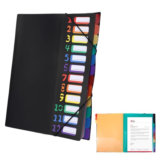 Dokumentenmappe A4 Schwarz mit Indexetiketten, Fächermappe A4 mit 12 Fächer Regenbogenfarben, Ordner Organizer mit Gummizug, Unterschriftenmappe, Eckspannermappe für Schule zubehör und Büro Dokumentenmappe A4 Schwarz mit Indexetiketten, Fächermappe A4 mit 12 Fächer Regenbogenfarben, Ordner Organizer mit Gummizug, Unterschriftenmappe, Eckspannermappe für Schule zubehör und Büro von HweeWanX