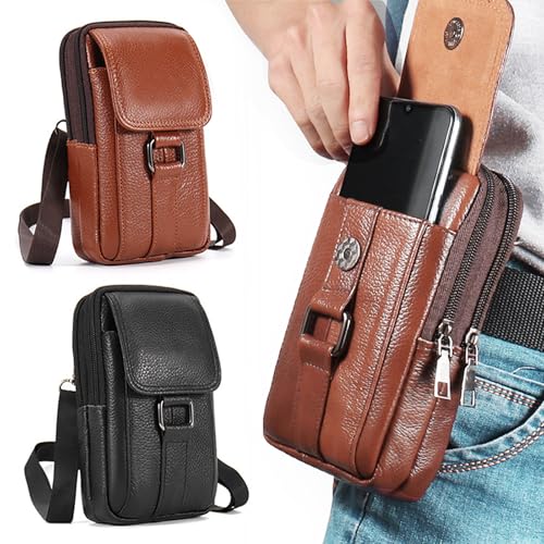 Hwtcjx Handy Gürteltasche, Handytasche Gürtel Herren, Doppeltaschen Gürteltasche Herren Echtes Leder Hüfttasche, Männer Handy Taschen mit Gürtelschlaufe, Handy Umhängetaschen, Leder Tasche (Gelbbraun) von Hwtcjx