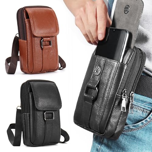 Hwtcjx Handy Gürteltasche,Handytasche Gürtel Herren,Doppeltaschen Gürteltasche Herren Echtes Leder Hüfttasche,Männer Handy Taschen mit Gürtelschlaufe,Handy Umhängetaschen,Premium Leder Tasche(Schwarz) von Hwtcjx