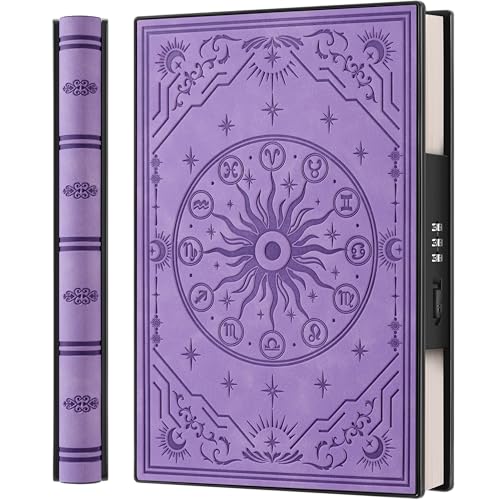 A5 Tagebuch mit Zahlenschloss und 180° Liegeflach, aus weichem PU-Leder mit geprägtem Sternzeichen-Design – Ideal für Erwachsene, Frauen, Männer und Teenager, für mehr Privatsphäre – Lavendel von HwxBen