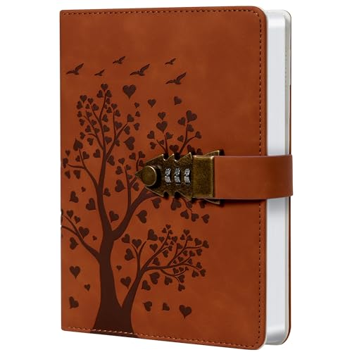 Herzförmiger Baum Tagebuch mit Schloss – 244 Seiten, A5 (5.8“ x 8.4”), PU-Leder, Tagebuch mit Zahlenschloss Lesezeichen – Braun – Ideal für Notizen, Planer und kreatives Schreiben von HwxBen