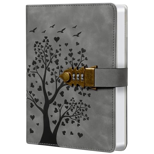 Herzförmiger Baum Tagebuch mit Schloss – 244 Seiten, A5 (5.8“ x 8.4”), PU-Leder, Tagebuch mit Zahlenschloss Lesezeichen – Grau – Ideal für Notizen, Planer und kreatives Schreiben von HwxBen