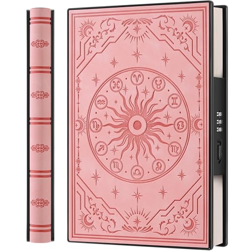 A5 Tagebuch mit Zahlenschloss und 180° Liegeflach, aus weichem PU-Leder mit geprägtem Sternzeichen-Design – Ideal für Erwachsene, Frauen, Männer und Teenager, für mehr Privatsphäre – Rosa von HwxBen