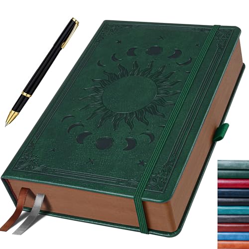 HwxBen Journal für Männer & Frauen, 360 Seiten Hardcover-Journaling-Notizbuch mit Stift im Vintage Sonne & Mond Design, Dunkelgrün, 19,6 x 25,4 cm von HwxBen