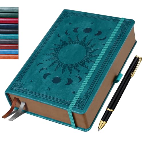 HwxBen Notizbuch (14.5 x 21 cm) Liniert – Tagebuch mit 360 Seiten, PU Leder Hardcover im Vintage Sonne & Mond Design – Ideal als Geschenk für Familie und Freunde – – Seegrün, mit Stift. von HwxBen