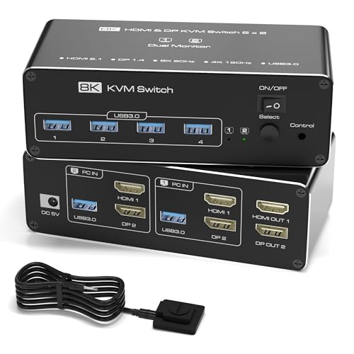 KVM Switch 2 Monitore 2 Computer, 8K HDMI+DP Dual Monitor KVM Switch, USB 3.0 Hub für 2 PC Share 2 Bildschirme, Unterstützung Erweiterter / Kopiermodus mit Desktop-Controller mit 2 USB-Kabel KVM Switch 2 Monitore 2 Computer, 8K HDMI+DP Dual Monitor KVM Switch, USB 3.0 Hub für 2 PC Share 2 Bildschirme, Unterstützung Erweiterter / Kopiermodus mit Desktop-Controller mit 2 USB-Kabel von Hxwlo