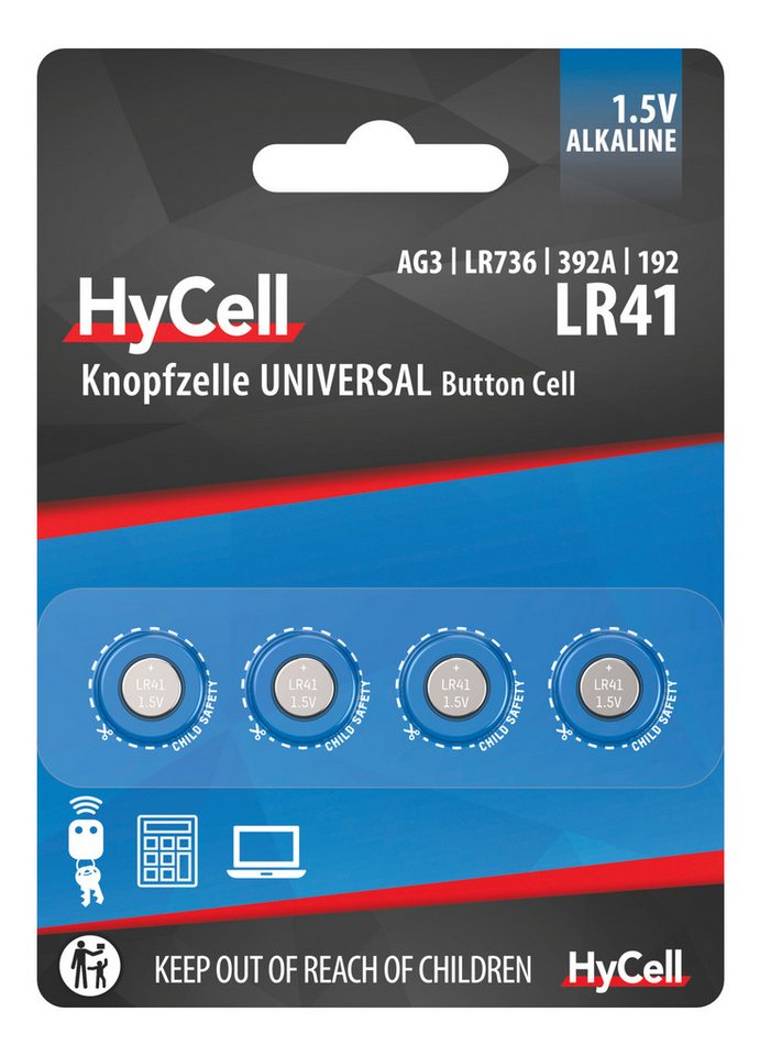 HyCell Alkaline Knopfzellen LR41 1,5V, 4 Stück, für Uhr, Waage uvm Knopfzelle von HyCell