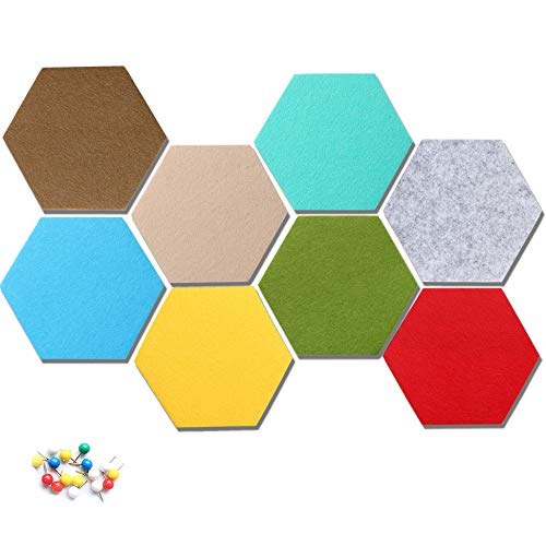 HyFanStr 8 Stück Filz Sechseckige Pinnwand, Selbstklebende DIY Memoboard mit 16 Stück Pushpins, Bunte Bulletin Board Wanddekoration für Büro, Küche von HyFanStr